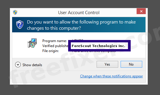 Screenshot where ForeScout Technologies Inc. appears as the verified publisher in the UAC dialog
